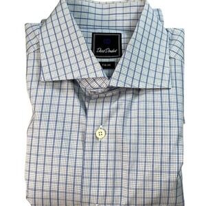 David Donahue Trim Fit Tattersall Check Shirt Blue Gray White 16.5 34/35